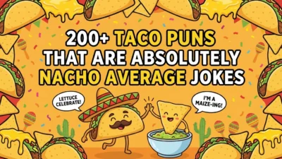 Taco puns collection with funny Mexican food jokes, nacho humor, and tasty taco-themed wordplay