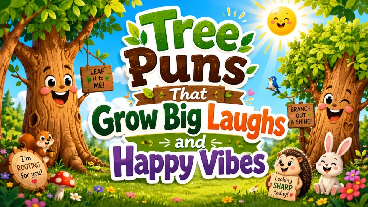Tree puns image with smiling trees, woodland animals, flowers, and funny nature wordplay