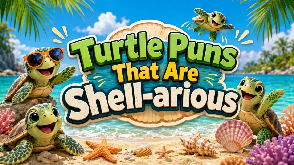 Turtle puns with smiling turtles, seashells, tropical beach, and ocean waves