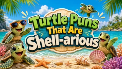 Turtle puns with smiling turtles, seashells, tropical beach, and ocean waves