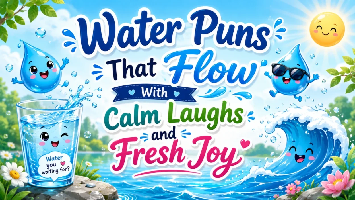 Water puns image with cute water drops, smiling wave, sunny sky, and fresh funny wordplay