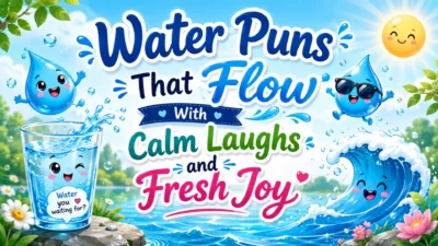 Water puns image with cute water drops, smiling wave, sunny sky, and fresh funny wordplay