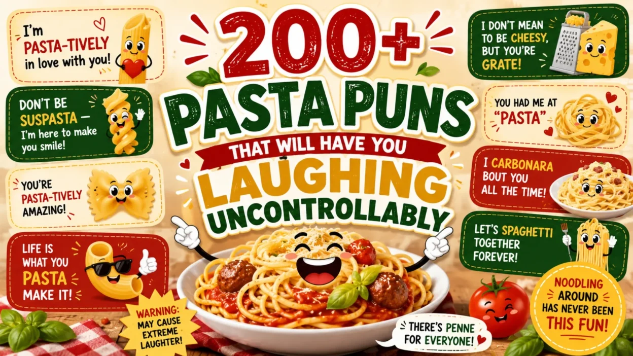 Funny pasta puns poster with cute spaghetti characters and colorful Italian food humor design