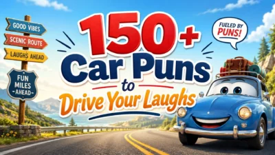150+ car puns cover with smiling blue car, scenic road trip, and playful travel signs