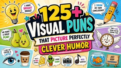 125+ visual puns infographic with clever picture jokes, bright cartoon art, speech bubbles, and playful wordplay examples