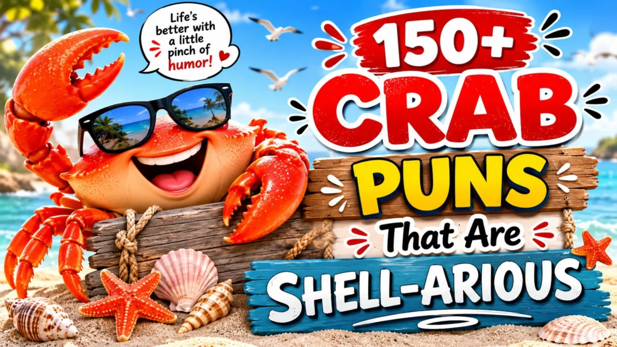 150+ crab puns blog cover with funny crab, beach, shells, ocean, and shell-arious title