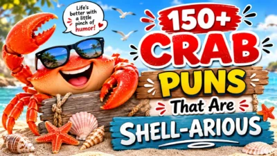 150+ crab puns blog cover with funny crab, beach, shells, ocean, and shell-arious title