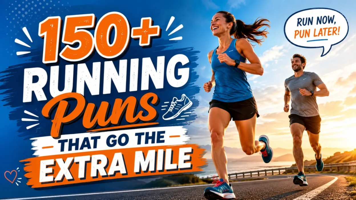 Colorful running puns poster with two runners on a road and bold text, “150+ Running Puns That Go the Extra Mile.”