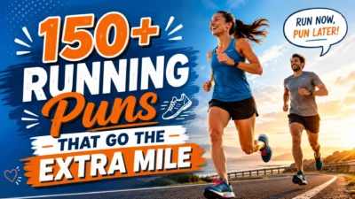 Colorful running puns poster with two runners on a road and bold text, “150+ Running Puns That Go the Extra Mile.”