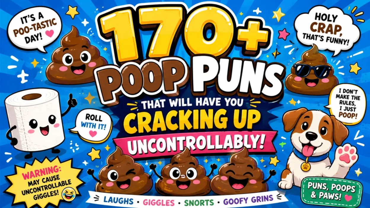 170+ poop puns infographic with funny toilet humor, cute poop characters, toilet paper, and a playful puppy