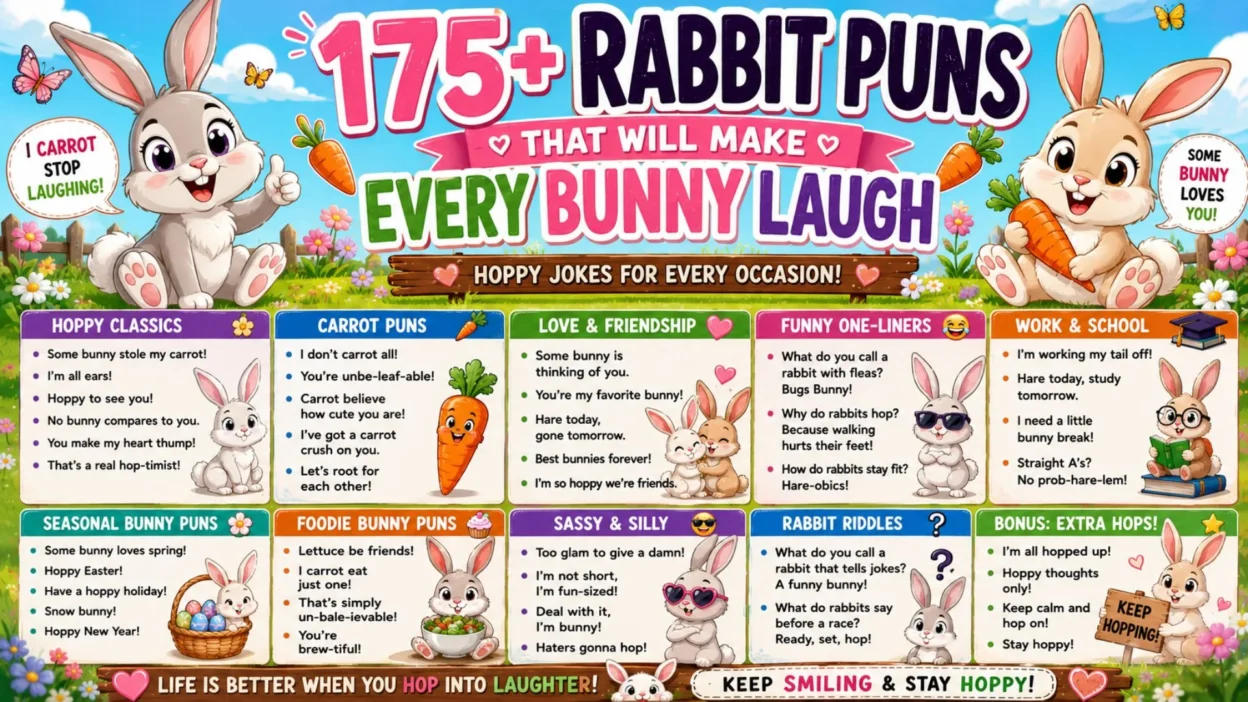 175+ rabbit puns infographic with cute bunnies, carrots, spring flowers, funny jokes, and colorful cartoon panels