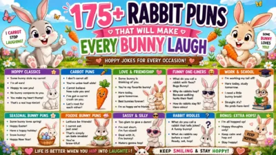 175+ rabbit puns infographic with cute bunnies, carrots, spring flowers, funny jokes, and colorful cartoon panels