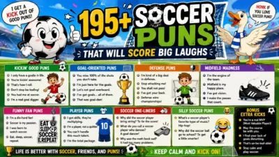 195+ soccer puns infographic with funny football jokes, players, goalkeepers, trophies, fans, and a colorful stadium
