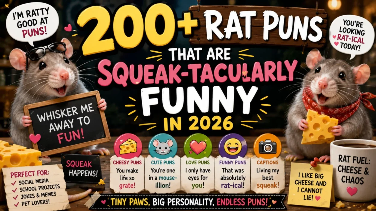 Playful rat puns poster with two cute rats, cheese, a bold 200+ headline, and colourful 2026 humour.