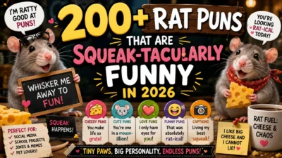 Playful rat puns poster with two cute rats, cheese, a bold 200+ headline, and colourful 2026 humour.