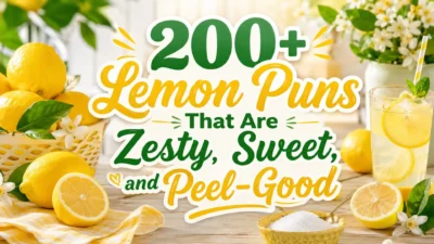 200+ lemon puns cover with fresh lemons, lemonade, blossoms, sugar bowl, and bright zesty style