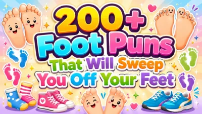200+ foot puns poster with smiling cartoon feet, colorful footprints, socks, sneakers, hearts, and playful typography.