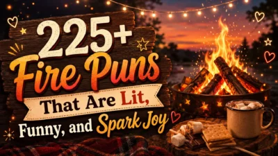 Fire puns with glowing campfire, marshmallows, string lights, and cozy funny caption style