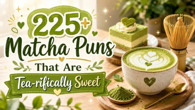 Matcha puns with green tea latte, matcha dessert, bamboo whisk, and cozy cafe background