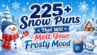 225+ snow puns infographic with cheerful snowmen, snowflakes, hot chocolate, and a cozy winter landscape