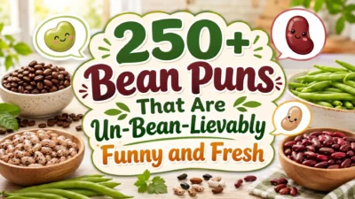 250+ bean puns cover with colorful beans, coffee beans, green beans, and playful food wordplay