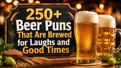 250+ beer puns cover with golden beer glasses, pub lights, hops, and funny party wordplay
