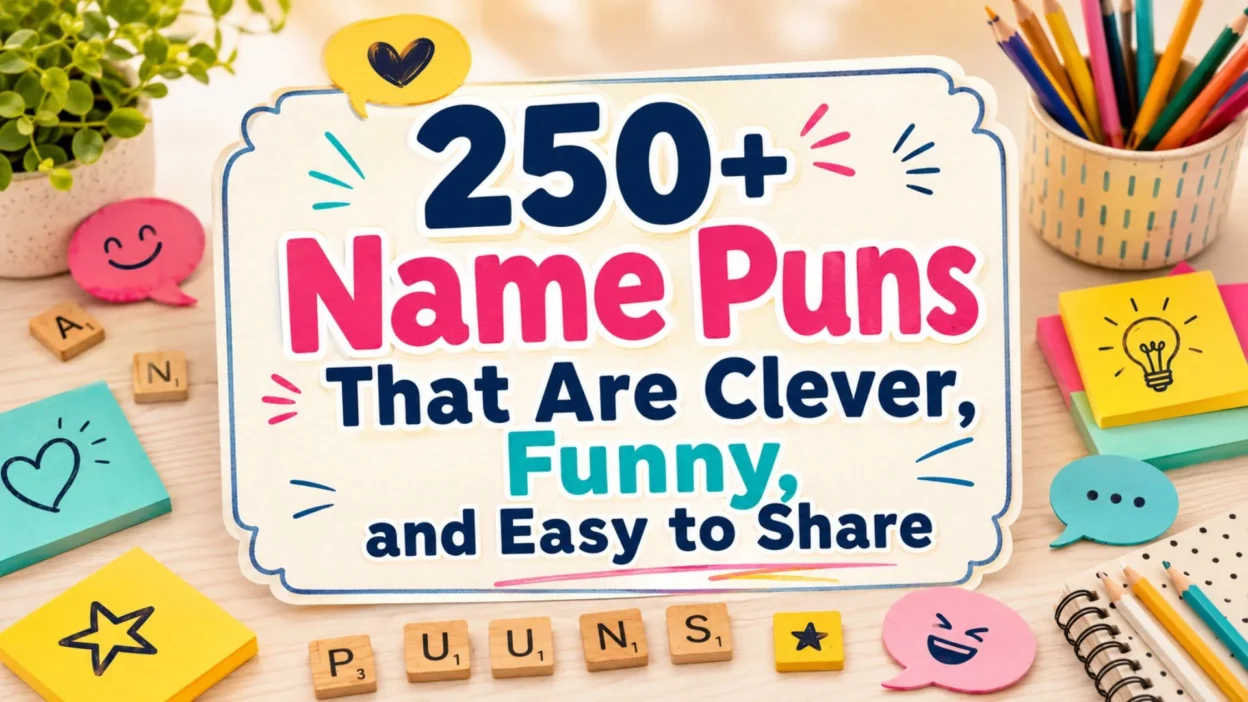 250+ name puns cover with colorful notes, letter tiles, speech bubbles, and playful wordplay theme