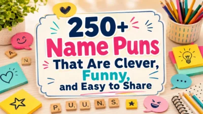 250+ name puns cover with colorful notes, letter tiles, speech bubbles, and playful wordplay theme