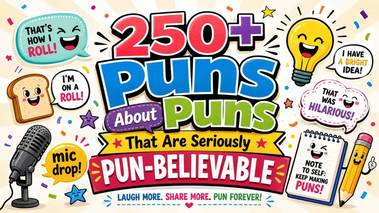 250+ puns about puns infographic with colorful wordplay, funny speech bubbles, microphone, notebook, and light bulb