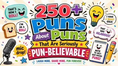 250+ puns about puns infographic with colorful wordplay, funny speech bubbles, microphone, notebook, and light bulb