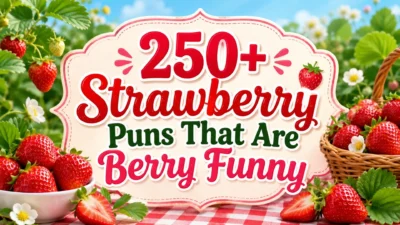 250+ strawberry puns blog cover with fresh strawberries, picnic scene, flowers, and berry funny title