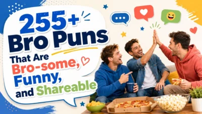 Bro puns with friends laughing, high-fiving, pizza, chat bubbles, and fun social media vibe