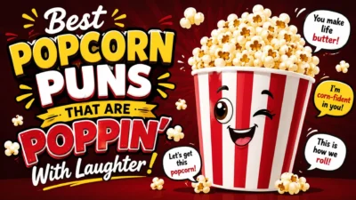 Best popcorn puns with a cheerful popcorn bucket, funny speech bubbles, and colorful movie-night graphics.