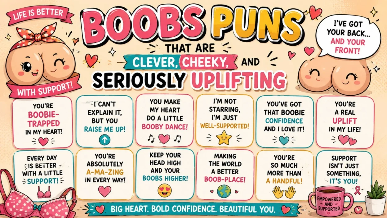 Boobs puns poster with playful cartoon graphics, hearts, bra, cheeky jokes, and uplifting confidence messages.