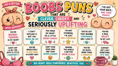 Boobs puns poster with playful cartoon graphics, hearts, bra, cheeky jokes, and uplifting confidence messages.