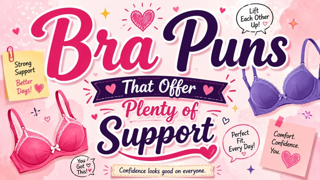 Bra puns poster with pink and purple bras, hearts, playful typography, and a cheerful support-themed design.