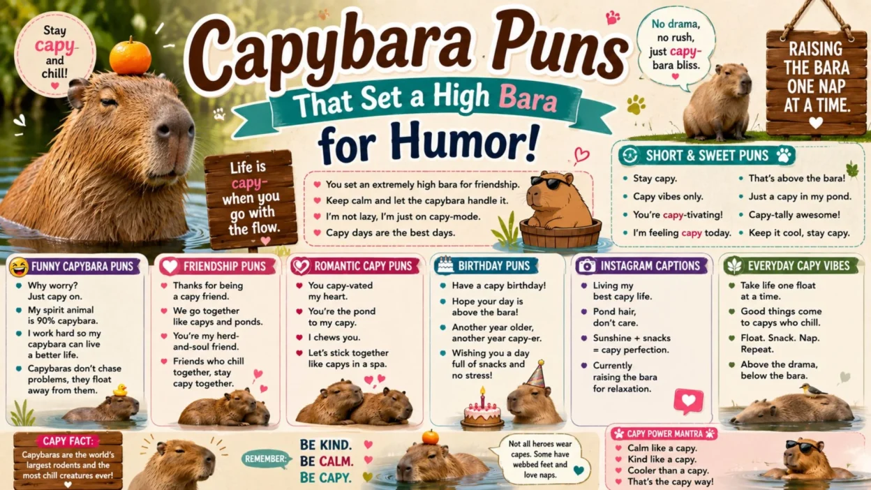 Capybara puns image with cute capybaras, pond scenes, birthday jokes, friendship lines, and funny captions.