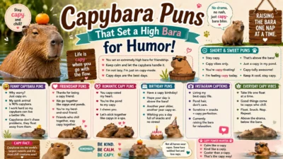 Capybara puns image with cute capybaras, pond scenes, birthday jokes, friendship lines, and funny captions.