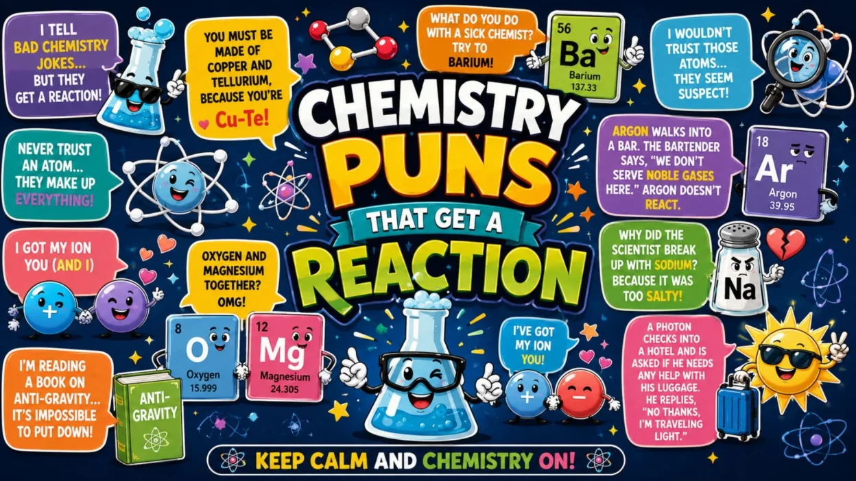 Colorful chemistry puns poster with funny lab jokes, cartoon beakers, atoms, and science-themed illustrations.
