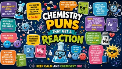 Colorful chemistry puns poster with funny lab jokes, cartoon beakers, atoms, and science-themed illustrations.