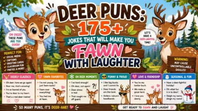 175+ deer puns infographic with cute fawns, woodland scenery, funny jokes, love lines, and seasonal humor
