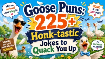 225+ goose puns infographic with funny geese, honk jokes, feathers, a pond, and colorful countryside scenery