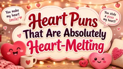 Heart puns blog cover with cute smiling hearts, warm lights, love speech bubbles, and funny romantic humor theme