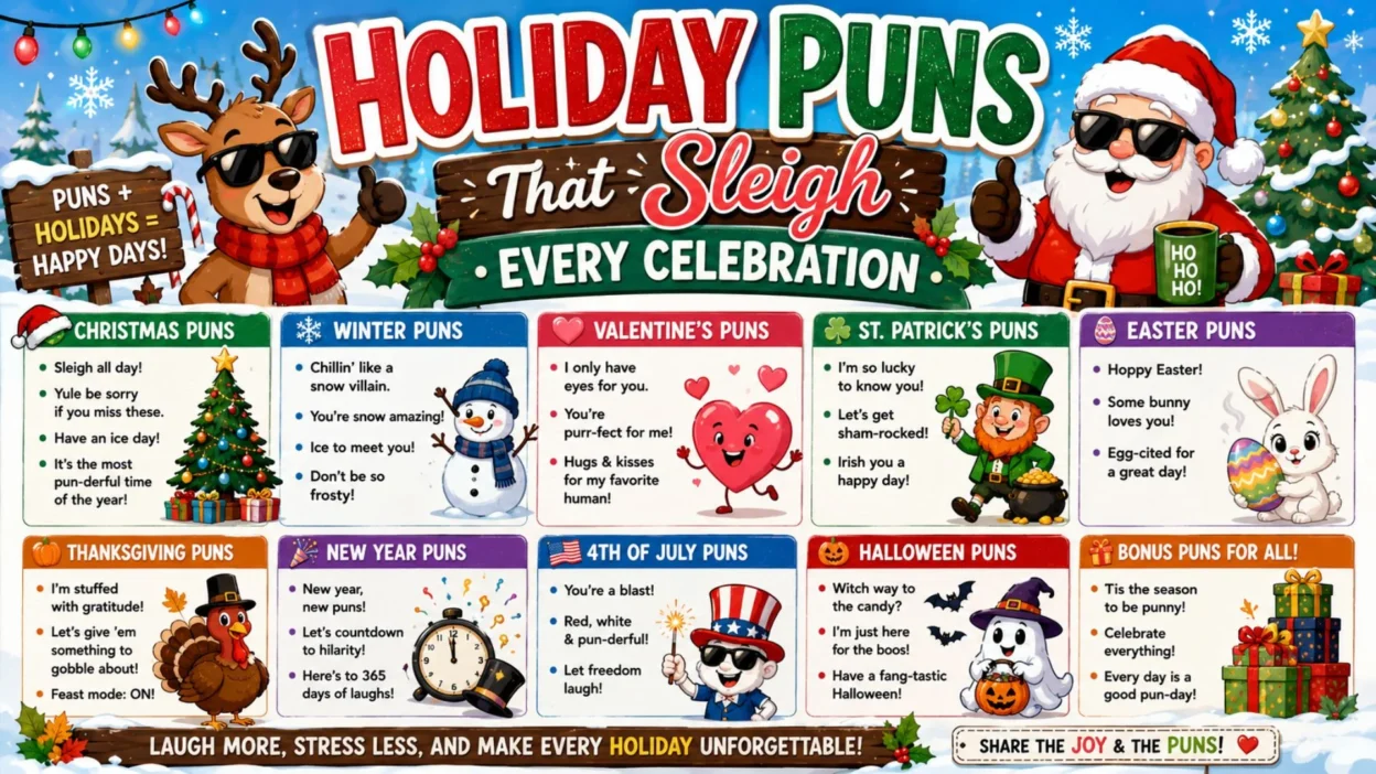 Holiday puns infographic with Santa, reindeer, snowman, Easter bunny, turkey, gifts, and seasonal jokes