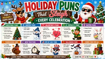 Holiday puns infographic with Santa, reindeer, snowman, Easter bunny, turkey, gifts, and seasonal jokes