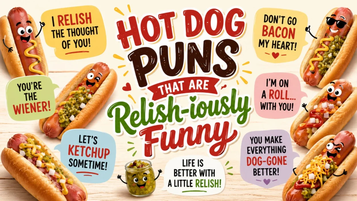 Cute cartoon hot dogs with funny food puns, colorful speech bubbles, and playful relish-themed humor on a bright background.
