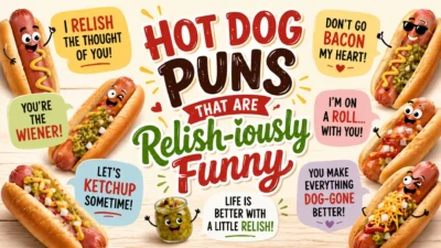 Cute cartoon hot dogs with funny food puns, colorful speech bubbles, and playful relish-themed humor on a bright background.