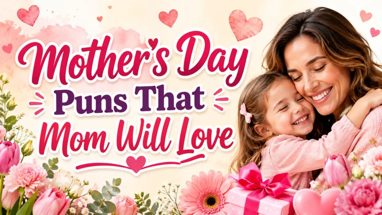 Mother’s Day puns image with a smiling mother and daughter hugging, pink flowers, hearts, and a wrapped gift.
