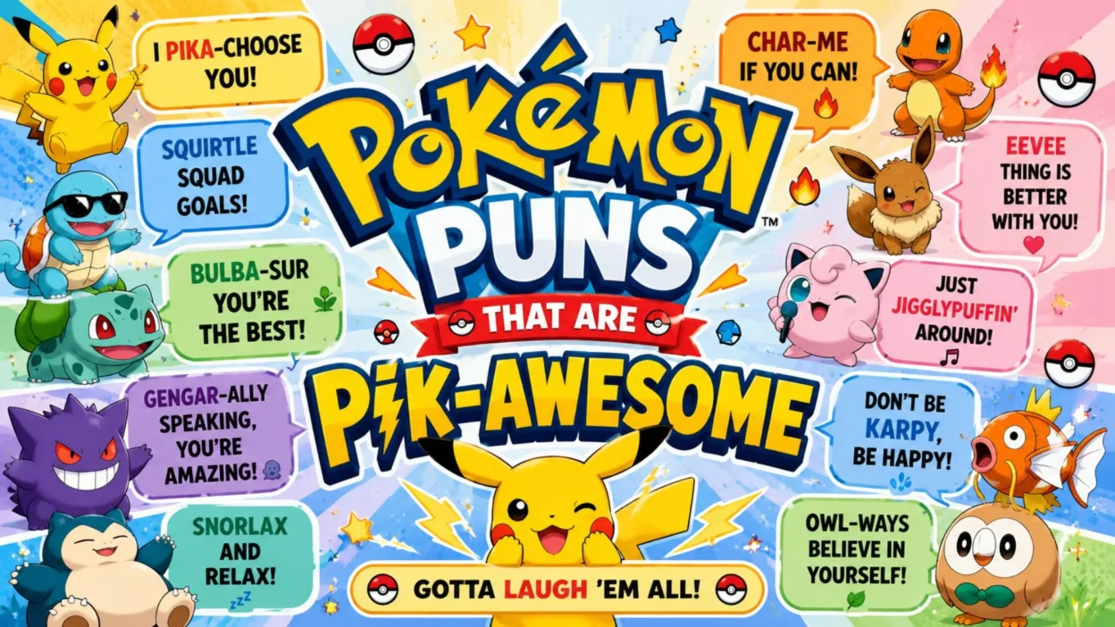 Colorful Pokémon puns poster featuring Pikachu and friends with funny jokes and playful cartoon artwork.