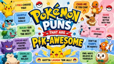 Colorful Pokémon puns poster featuring Pikachu and friends with funny jokes and playful cartoon artwork.
